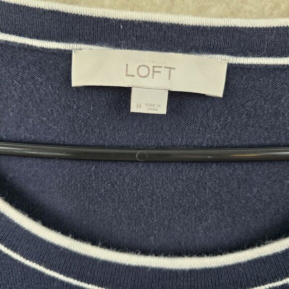 Ann Taylor Loft Navy Pullover Sweater With Button Shoulder & White Trim Accents - Picture 3 of 5